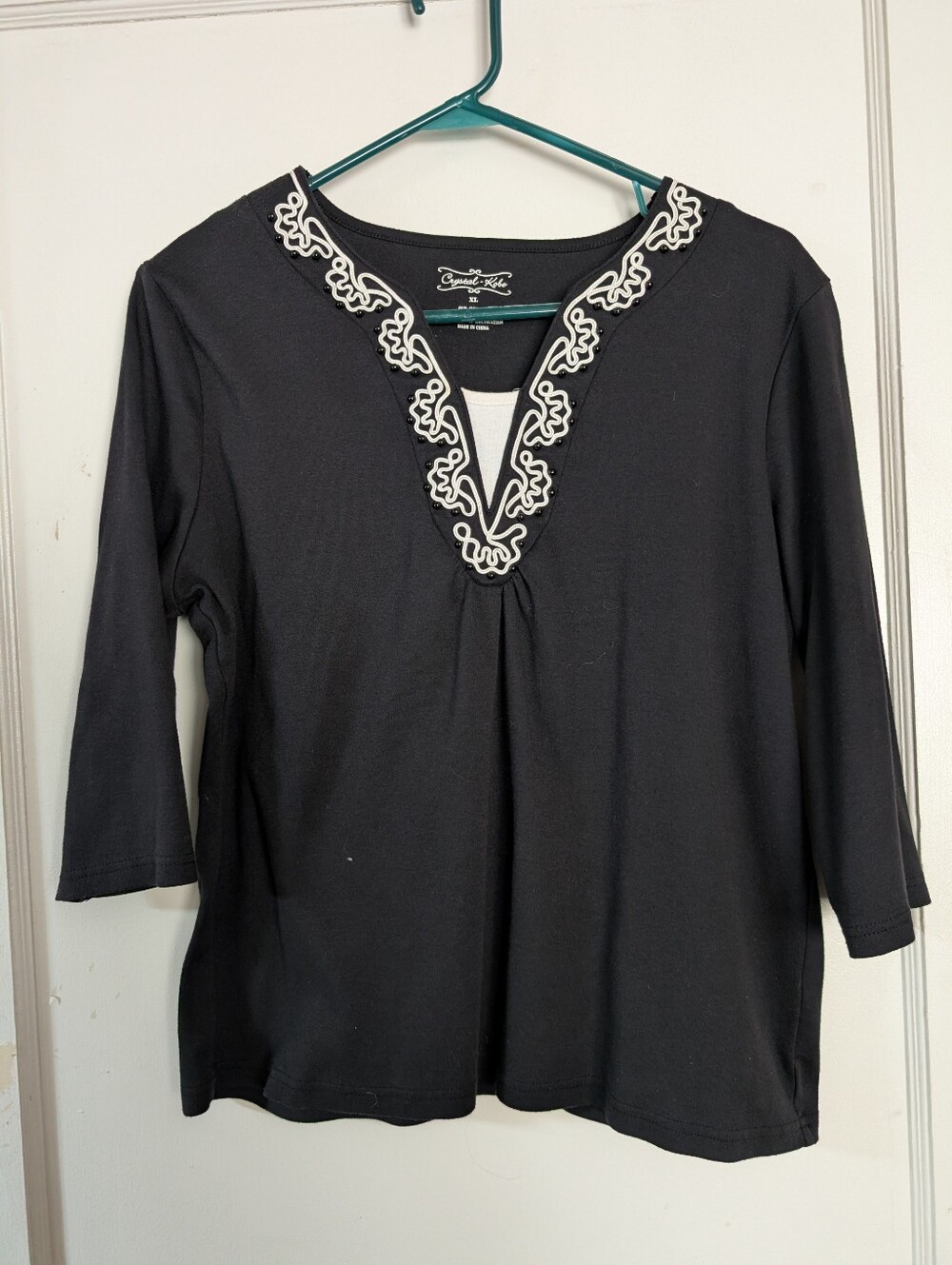 Krystal Kobe Black Tunic with White Embroidered V-Neck